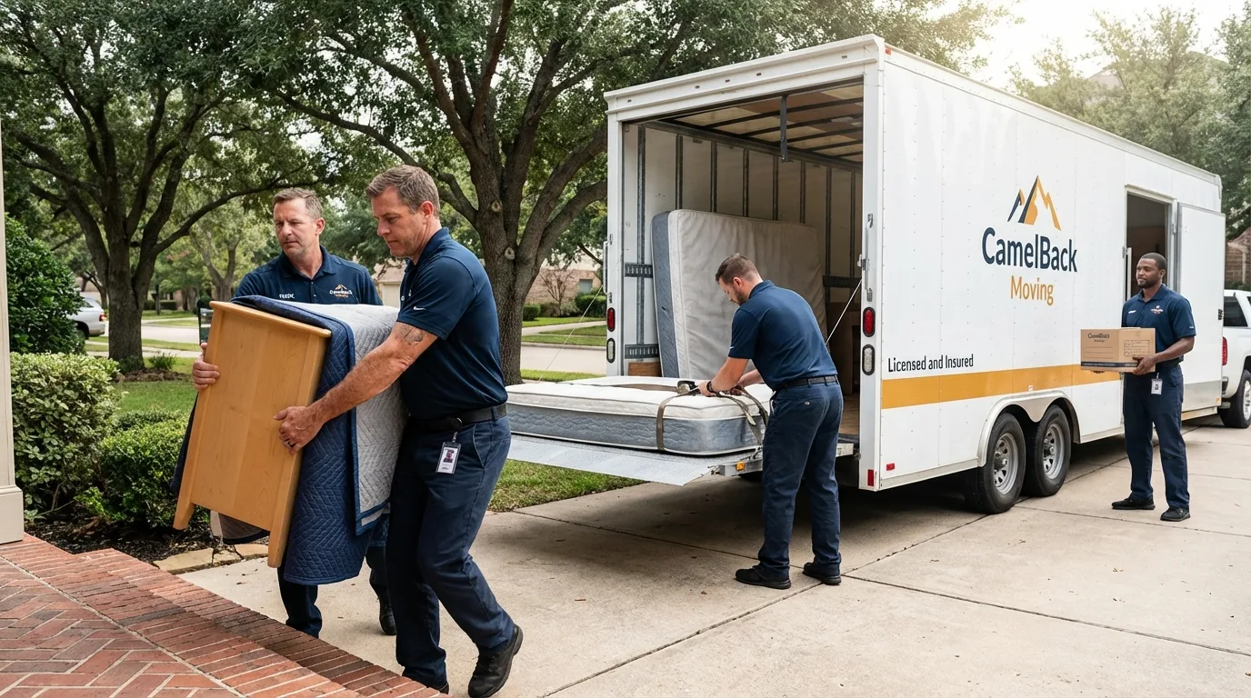Crew loading residential truck for cross-state move from Enfield, NC
