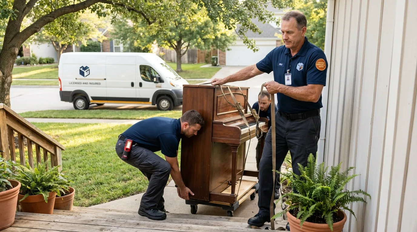 Licensed piano movers securing grand piano in Enfield, NC